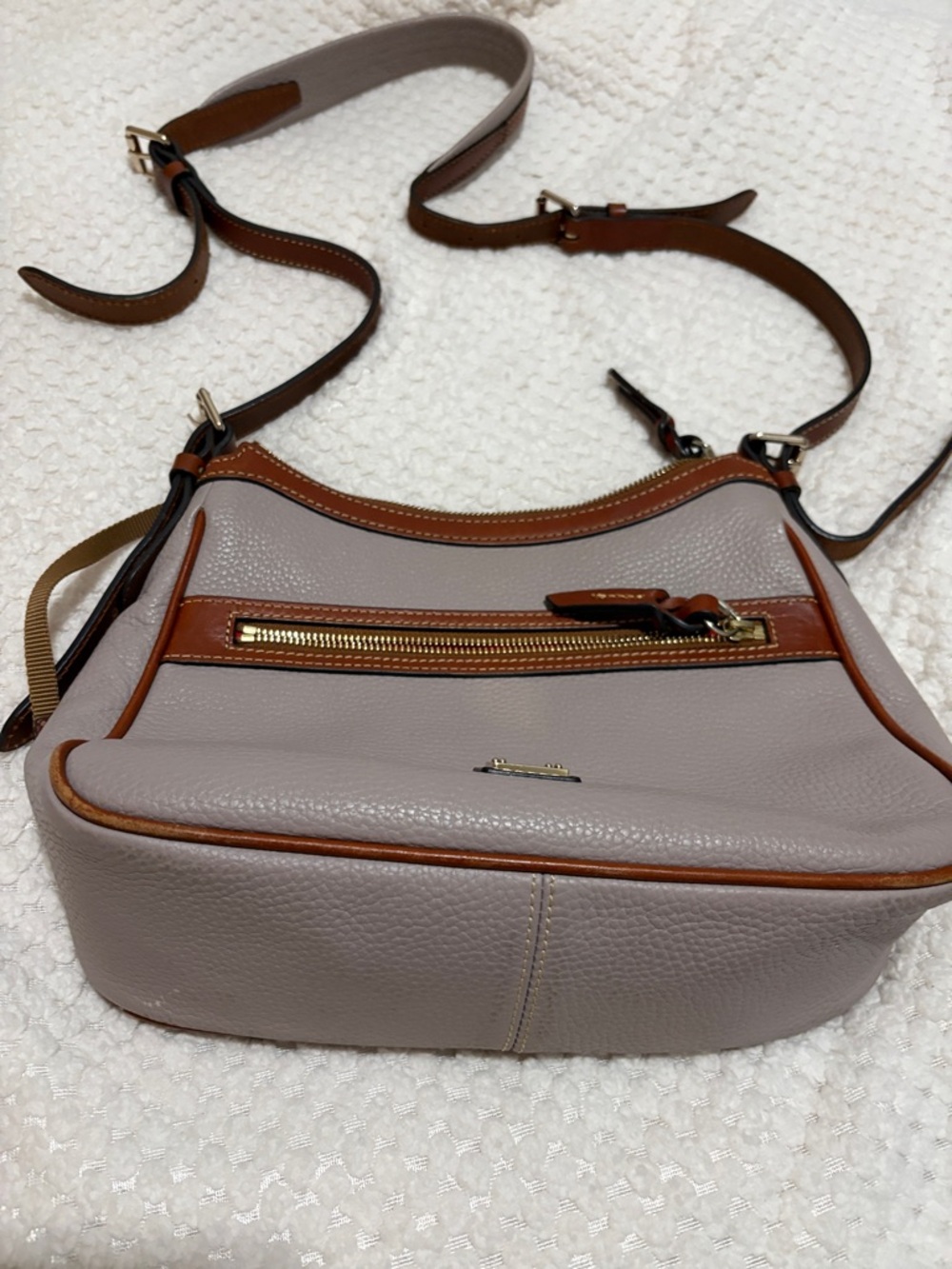 Dooney & Bourke Taupe Crossbody with Brown Trim & Gold Hardware